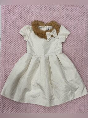 4, Janie and Jack Cream Dress with Faux Fur Collar and Bow Accent
